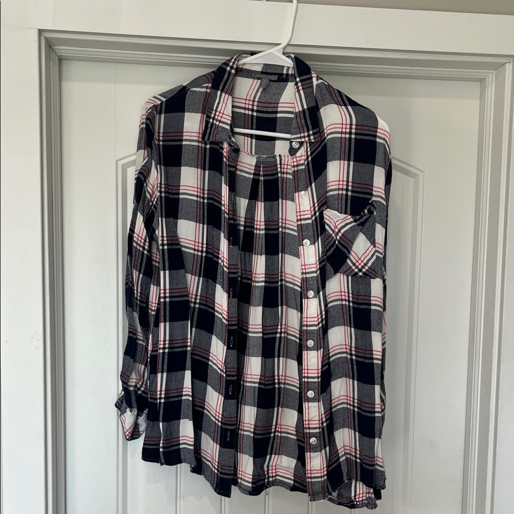 Charlotte Russe Blue and White Plaid Shirt with Red Stripes